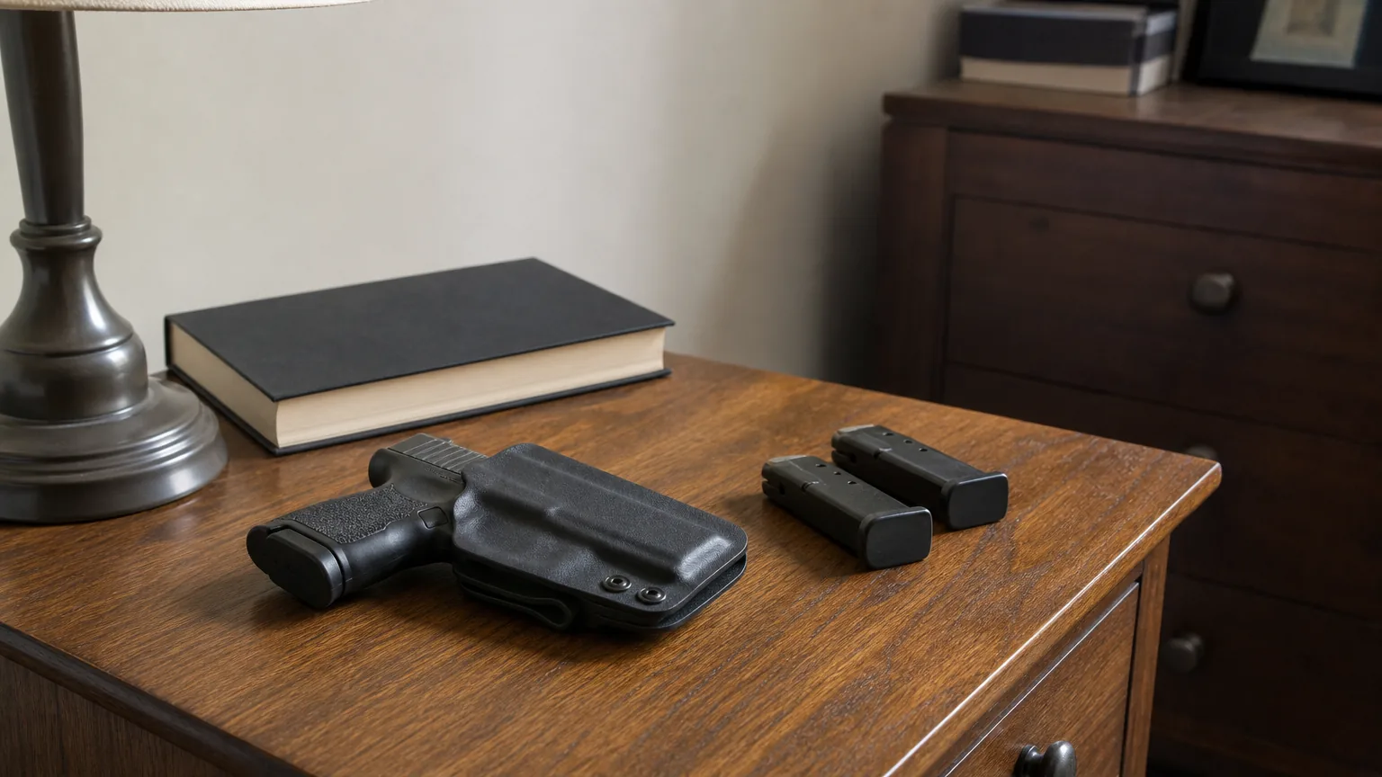 A holstered pistol and two spare magazines on a nightstand