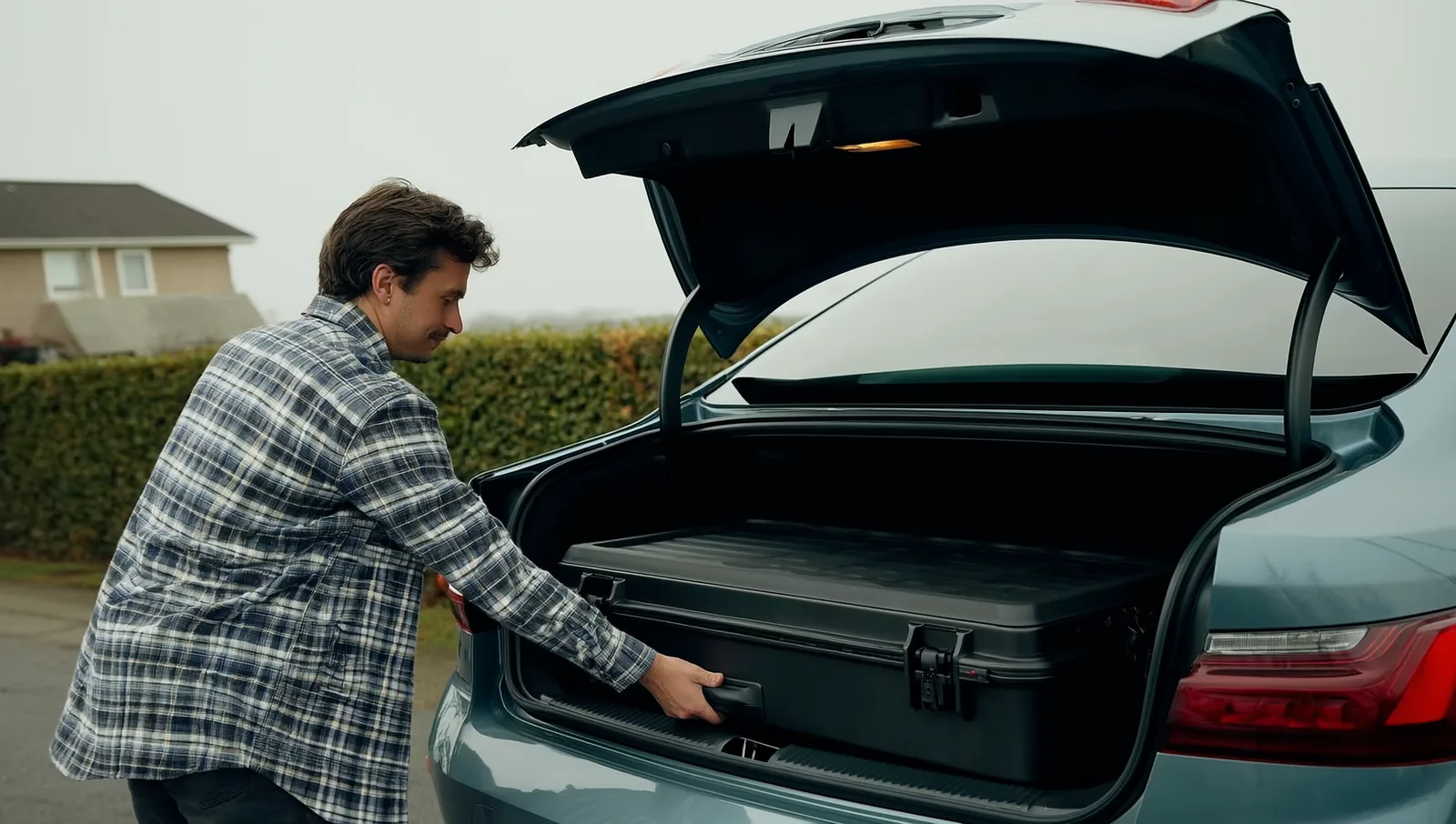 A man loading a hard case into an open car trunk