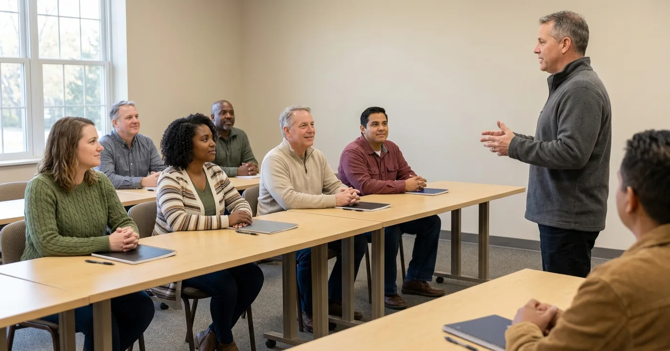 Adult students listening to a class instructor