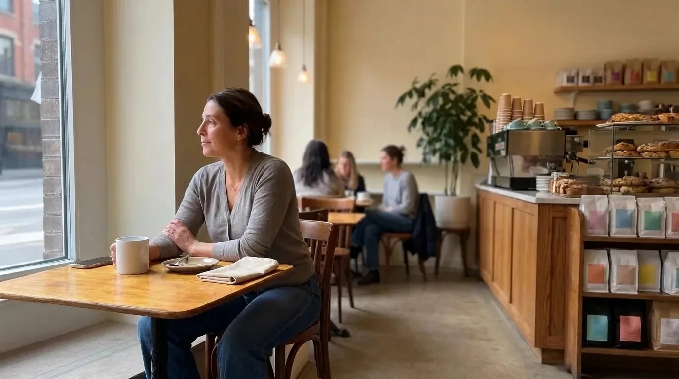 A woman with a coffee at a cafe window table