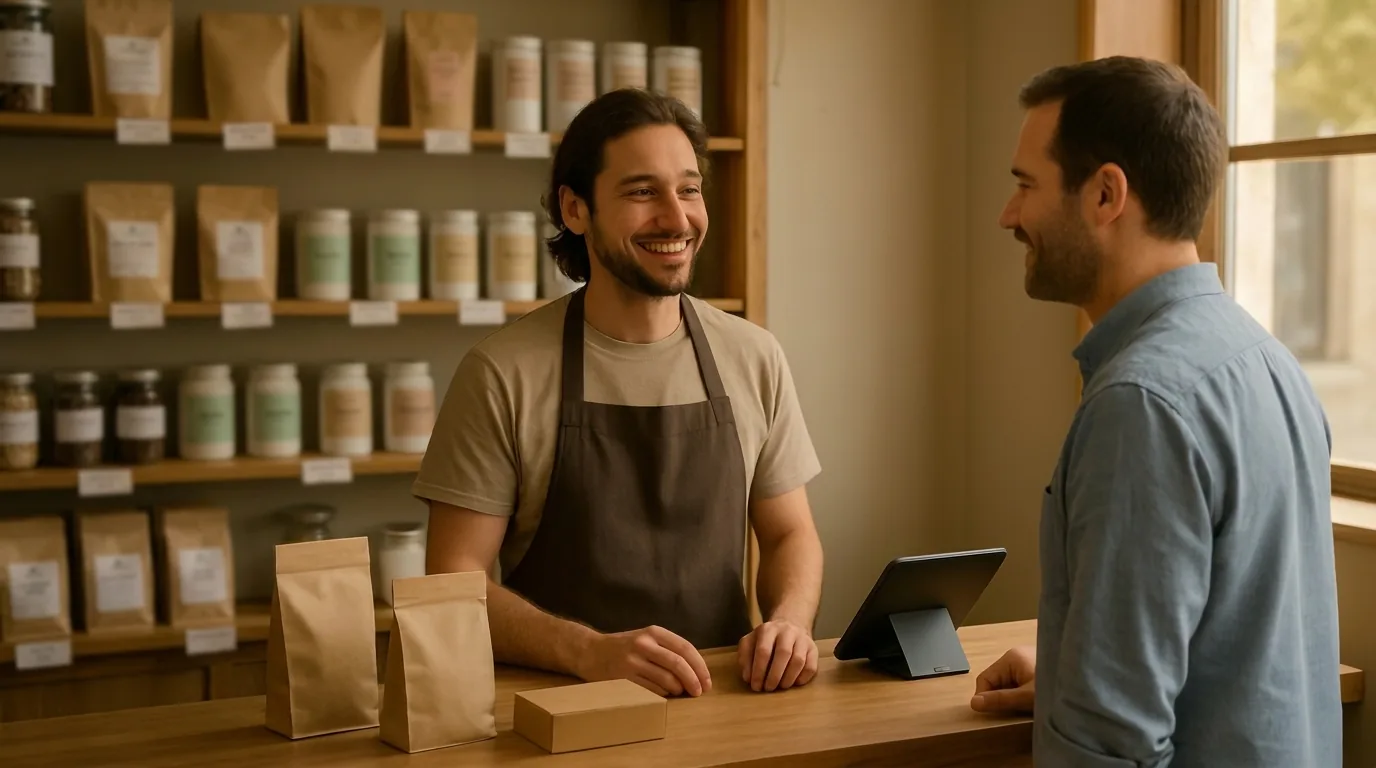 A shop employee and a customer talking at a counter