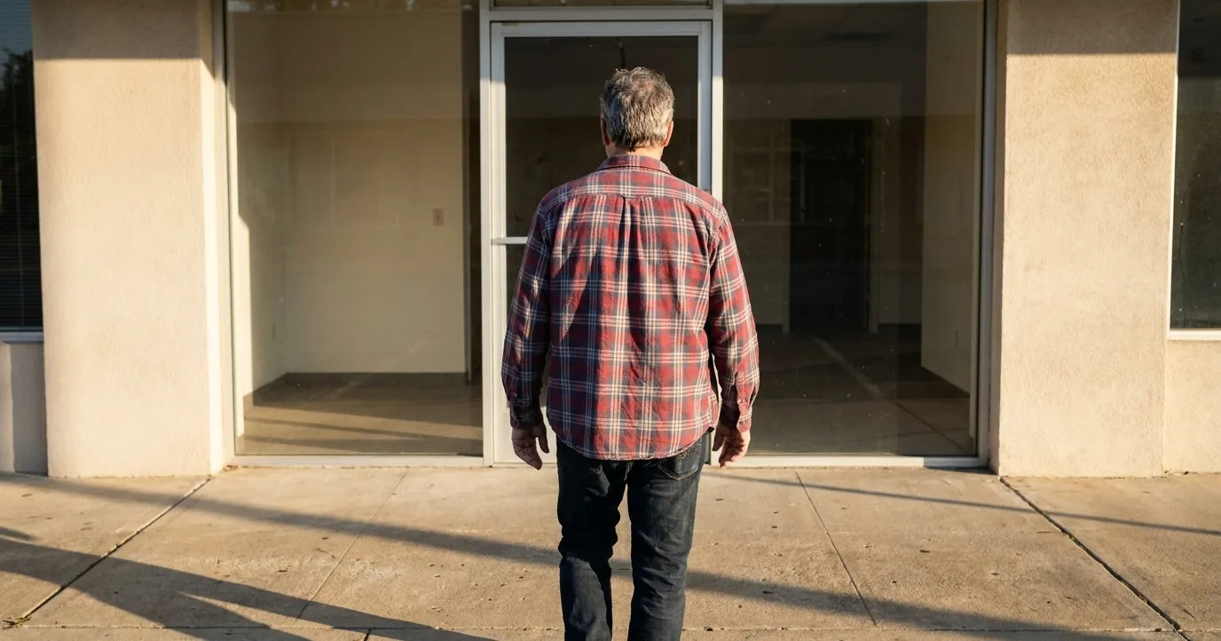 A man in a loose untucked red plaid shirt walking toward the glass front door of a small storefront on a bright sunny morning.