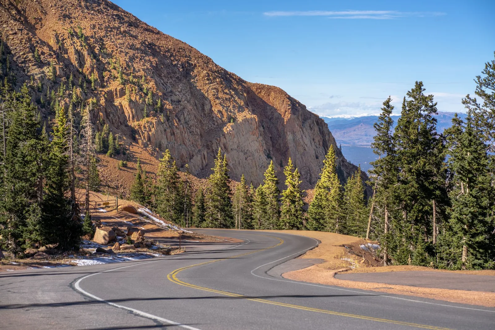 Winding mountain road through pines in Colorado