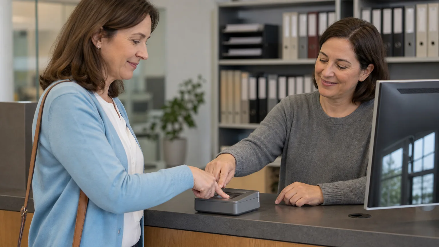 Woman pressing a finger on a fingerprint scanner