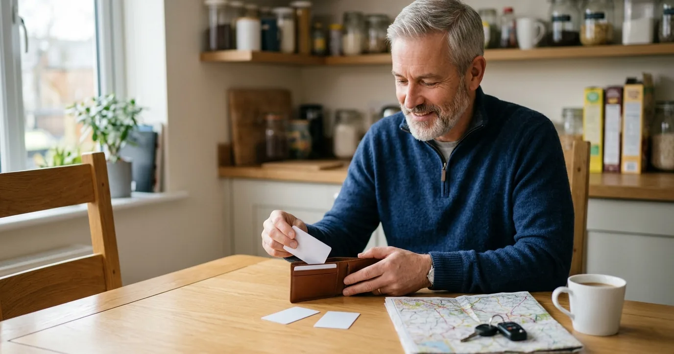 Man putting a card in his wallet at a table