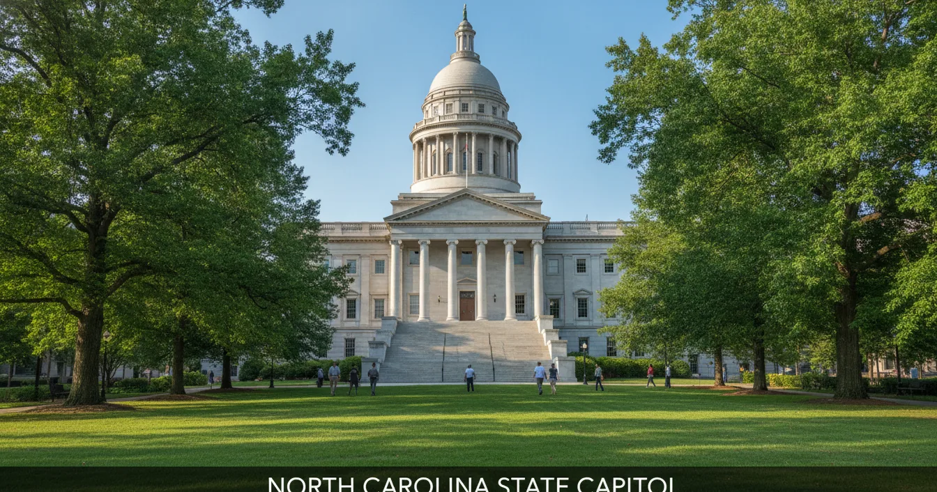 The North Carolina State Capitol building in Raleigh under a clear sky.