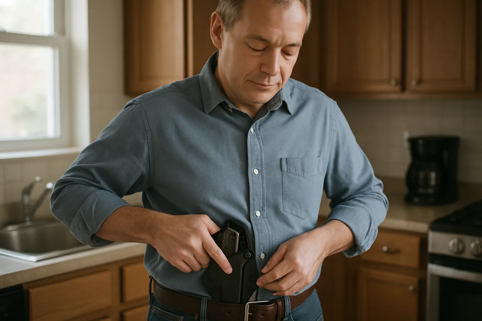 An ordinary man at home clipping a holstered handgun onto his belt for concealed carry.