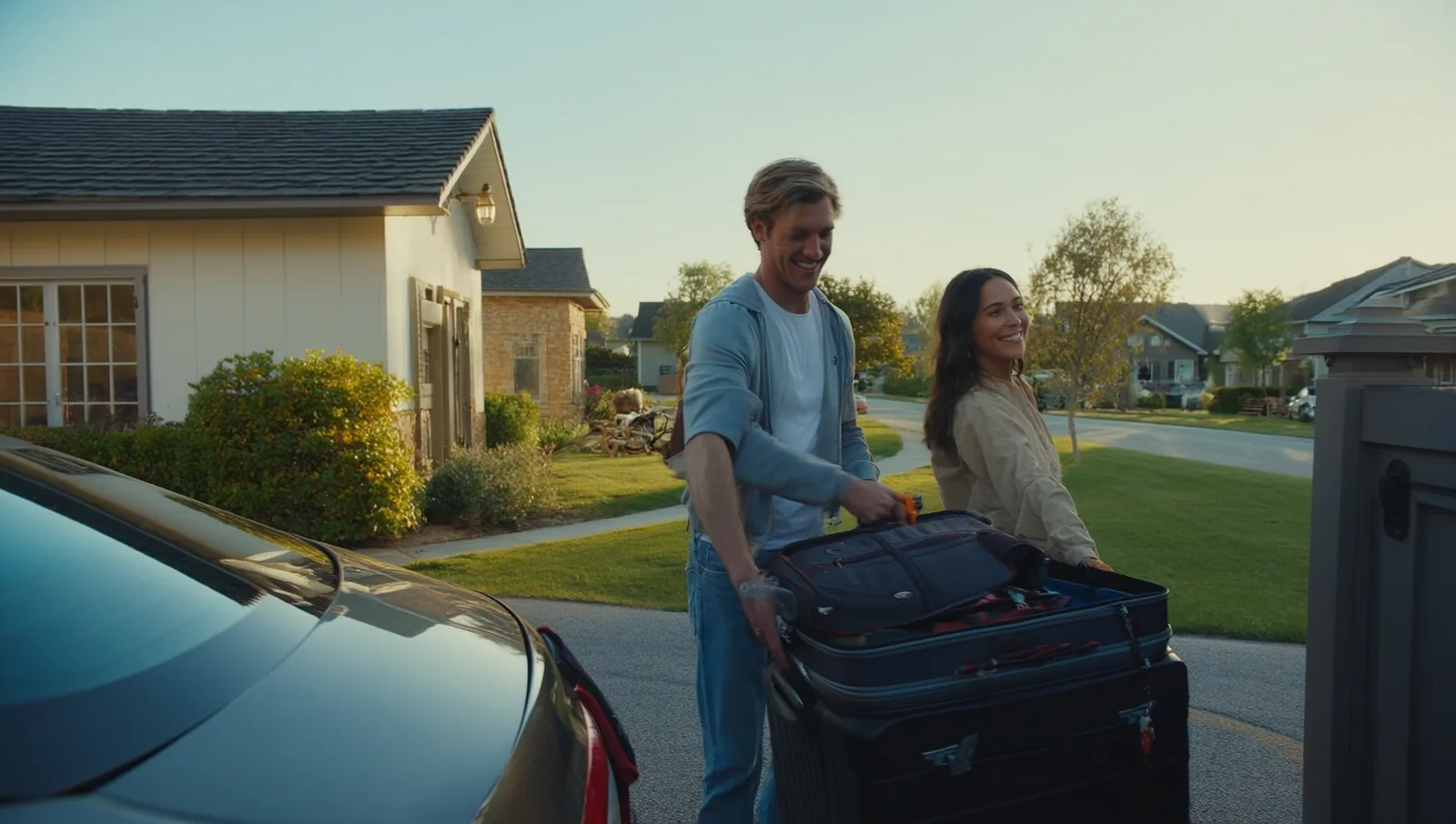 A relaxed couple loading a suitcase into their car in the driveway, getting ready for a road trip across state lines.