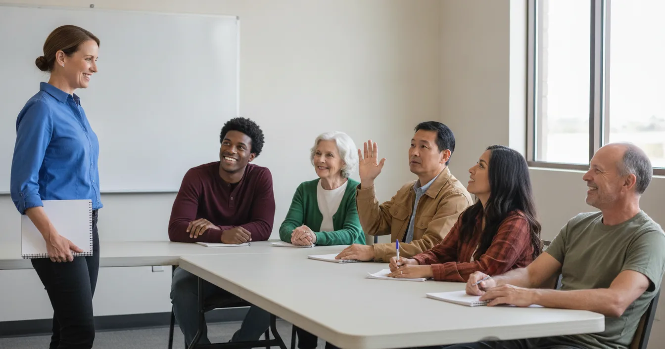 Instructor teaching five adults in a classroom