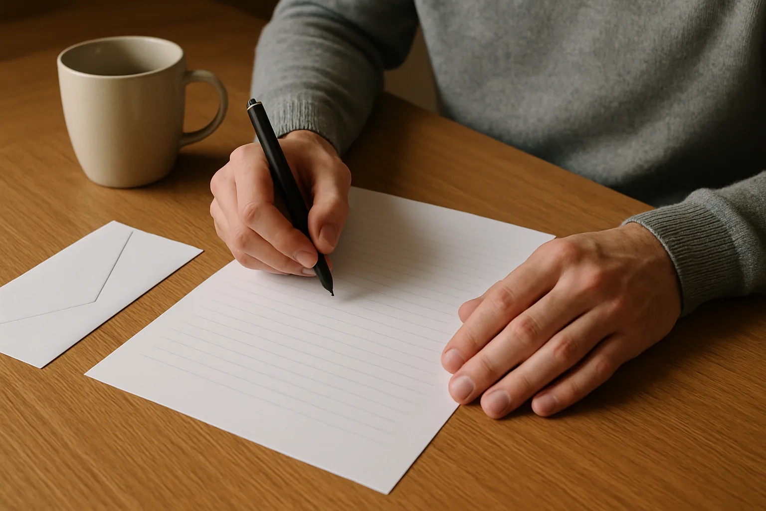 Hands filling out a paper form at a wooden table
