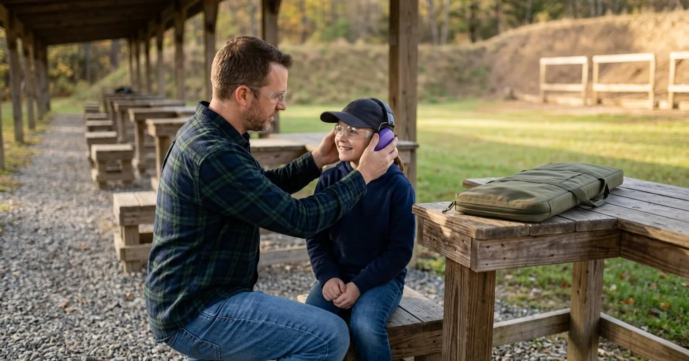 Father fitting earmuffs on his daughter at a range