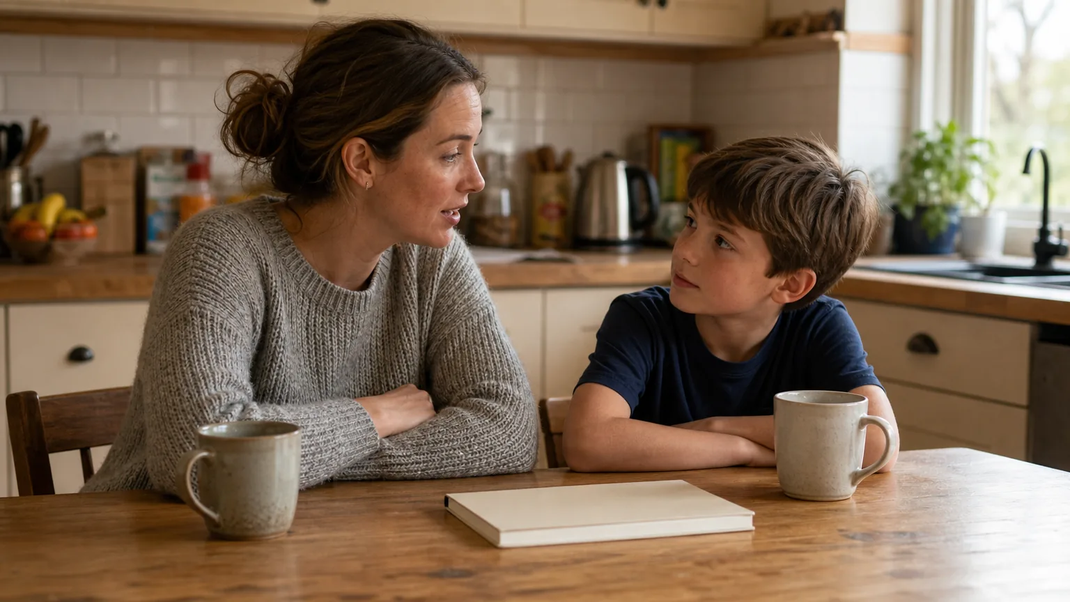 Mother and son talking at a kitchen table