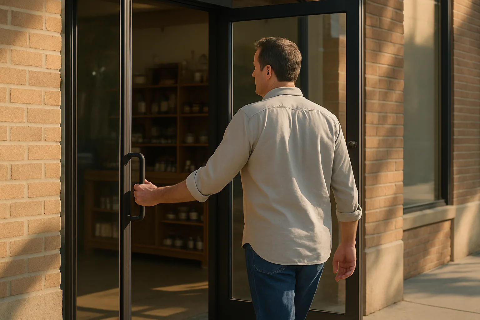 A man in a casual shirt calmly opening the glass door of a small neighborhood shop on a sunny morning.