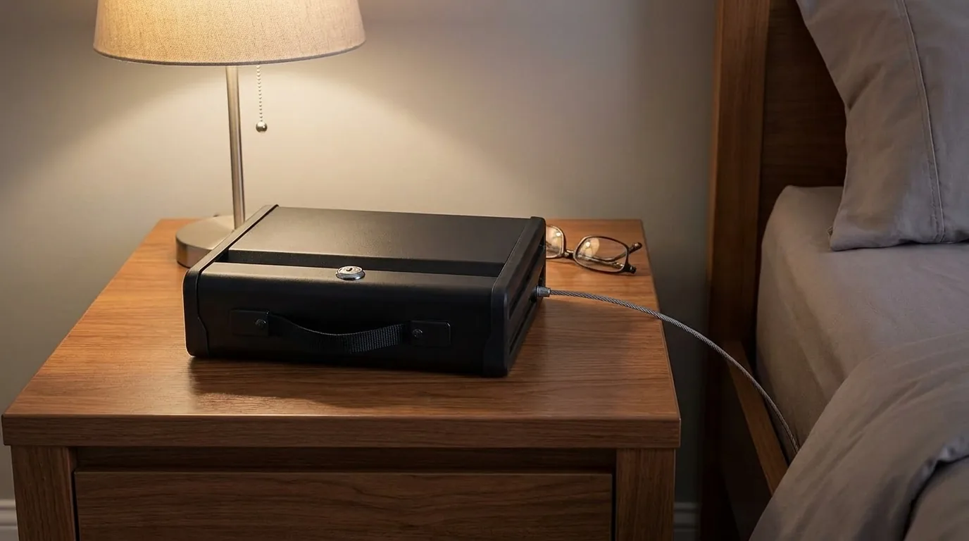 A closed handgun safe on a bedside nightstand