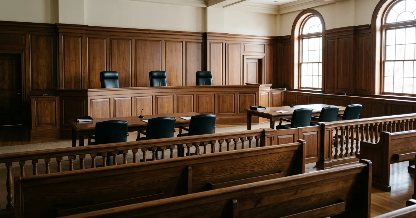 An empty courtroom with a wooden judges' bench