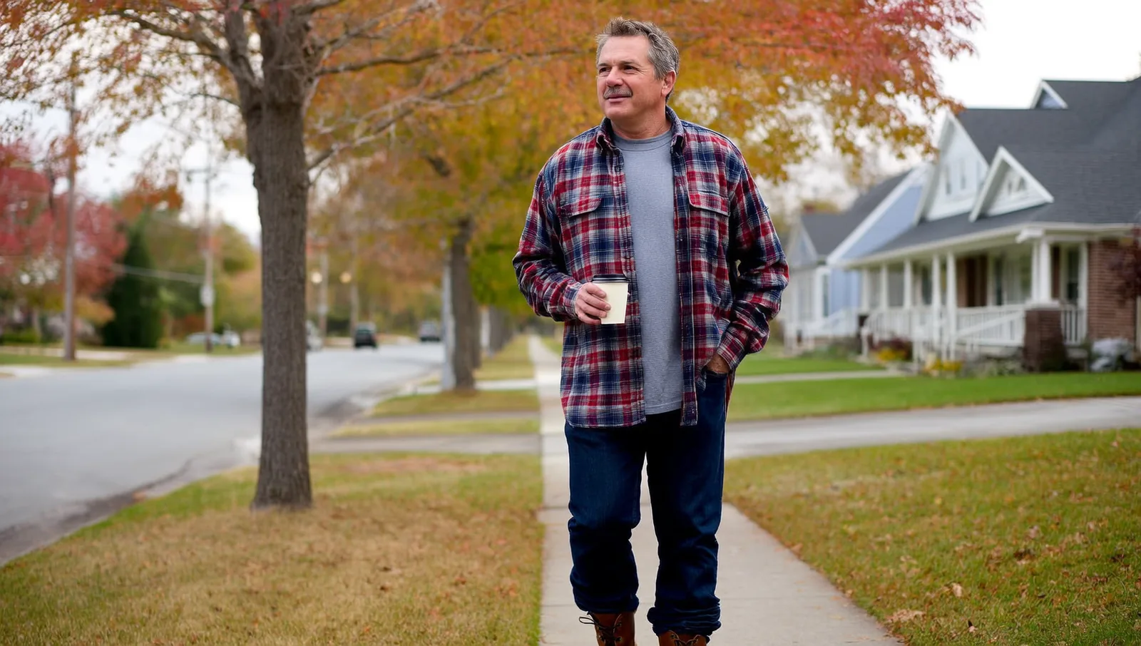 A man in a flannel shirt walking down a sidewalk
