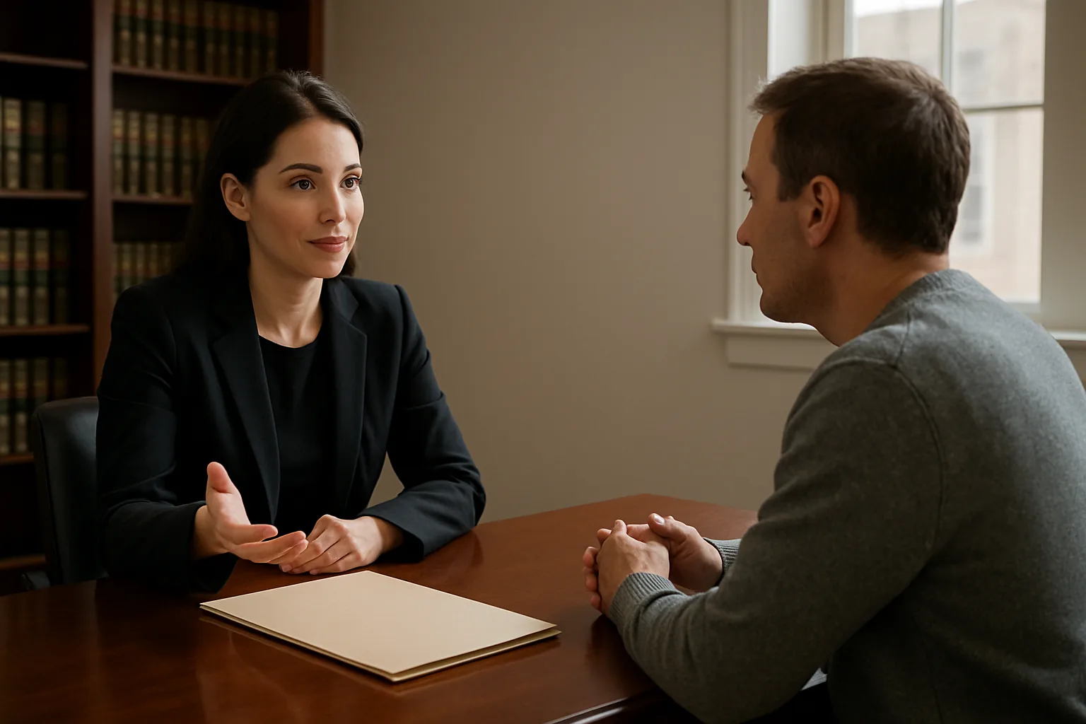 A calm attorney and client seated across a wooden desk in a quiet law office.