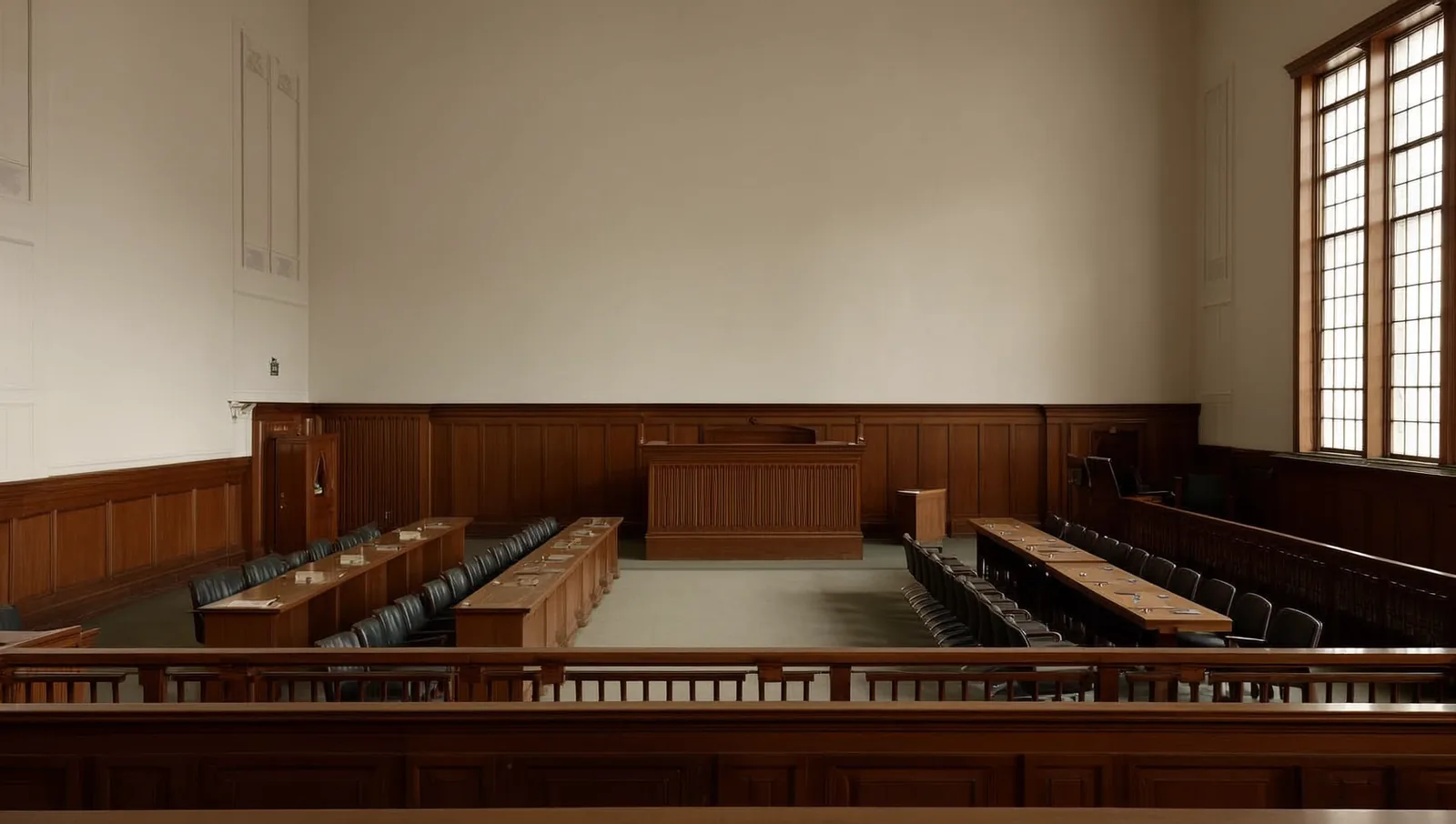 An empty wood-paneled courtroom in soft daylight with rows of polished benches.
