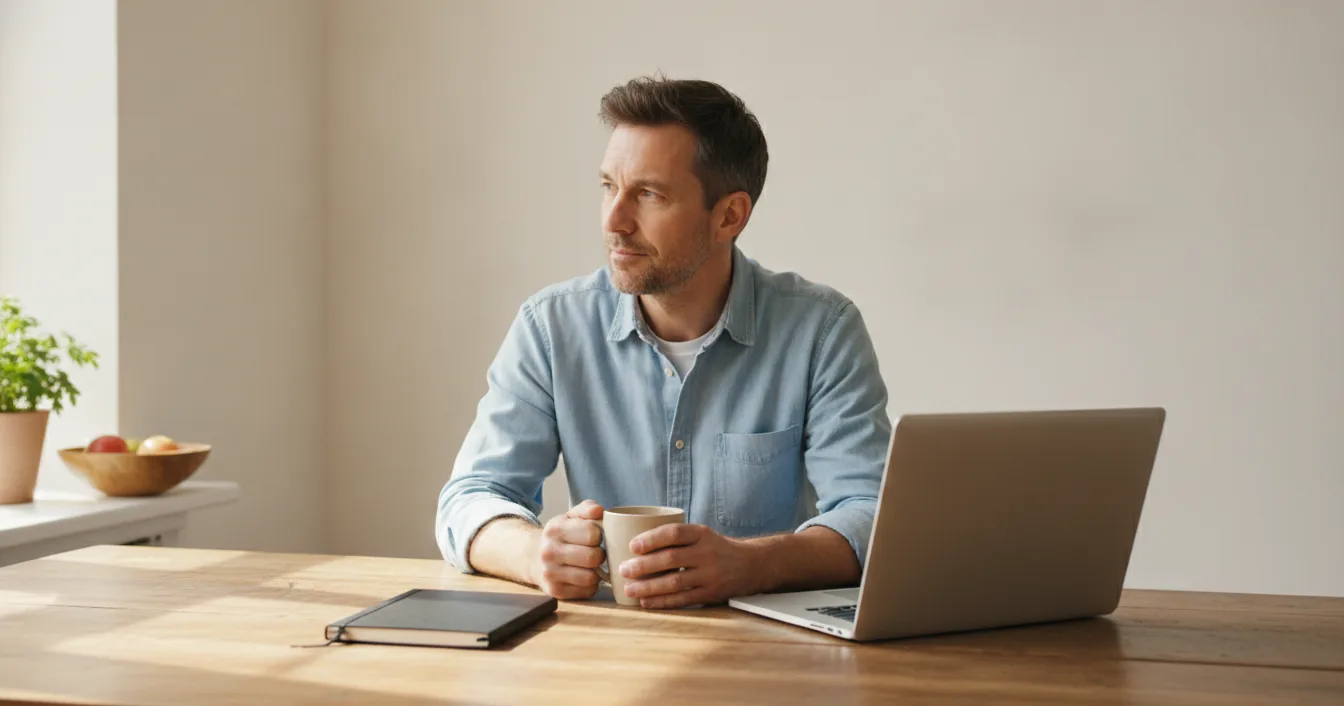 A man sitting at a kitchen table in morning light with a coffee mug and a laptop, thinking through a decision.