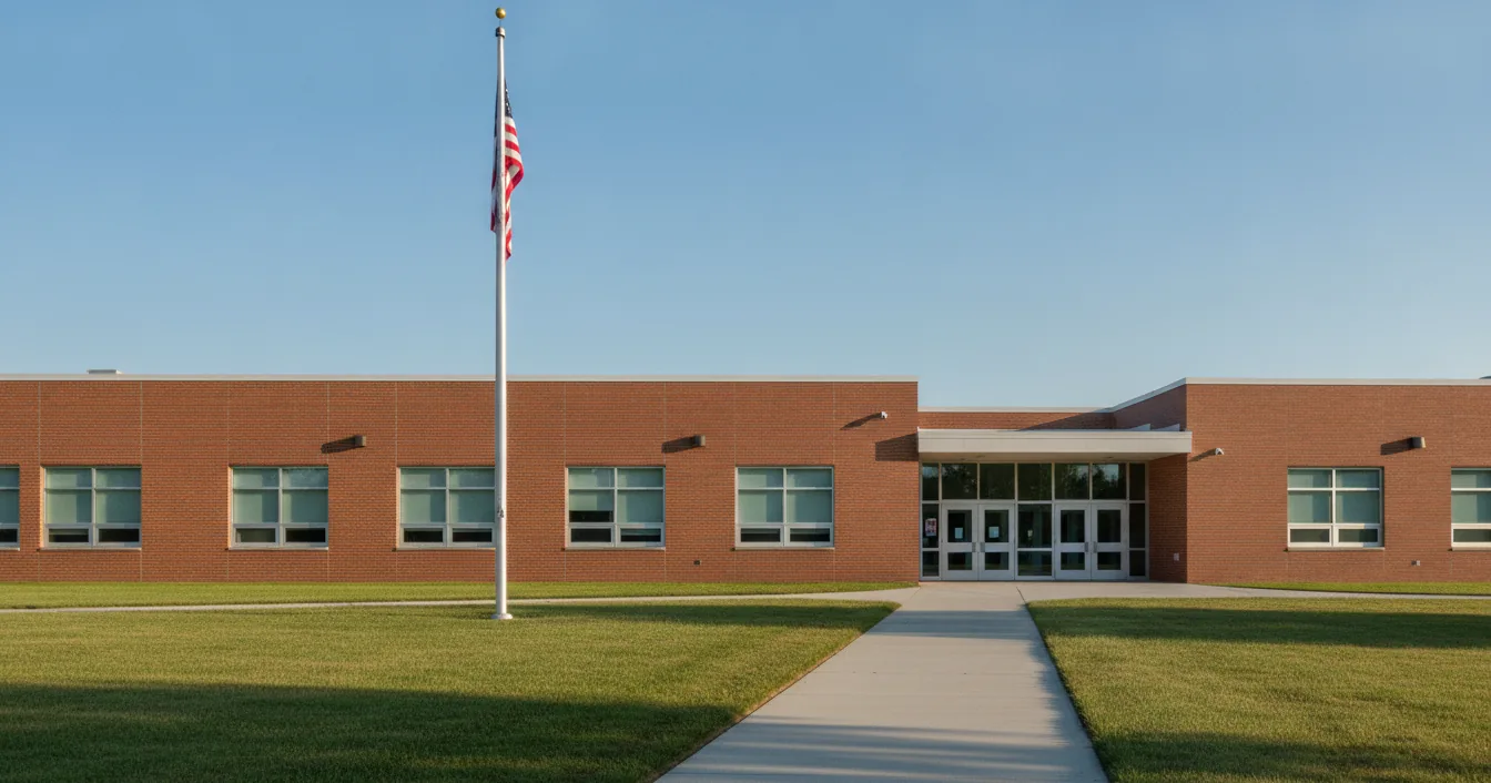 A quiet American public school building exterior with a flagpole on a calm sunny morning.