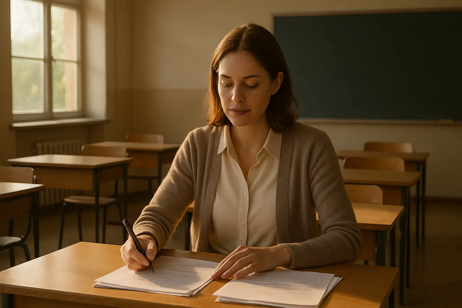 A relaxed teacher in business-casual clothing sitting at a desk grading papers in a quiet, empty classroom in warm morning light.