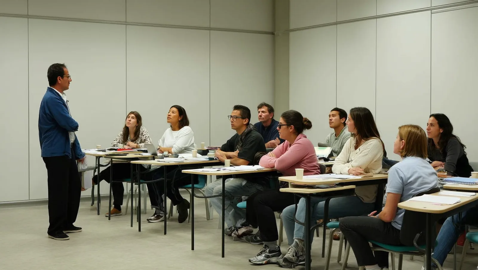 A group of calm adults seated at tables in a plain training room, listening to an instructor at the front.