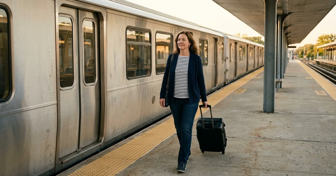 A woman pulling a suitcase along a train platform