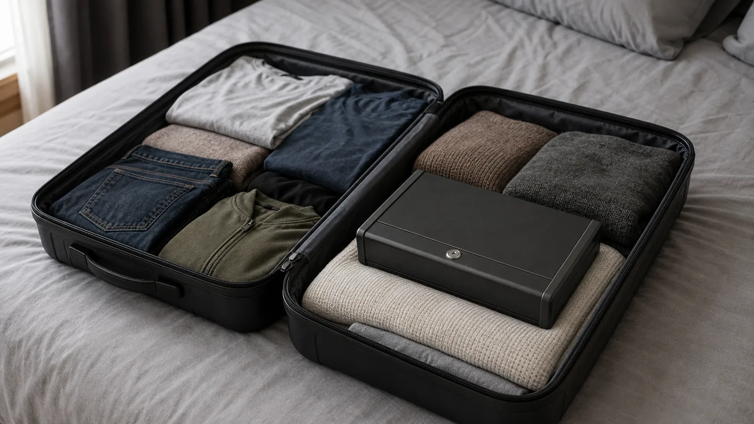 A locked steel pistol box packed in a suitcase