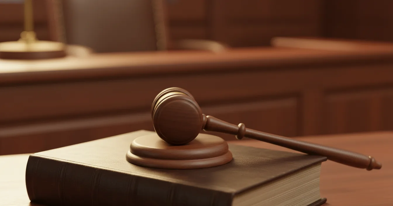 A wooden judge's gavel resting on a closed lawbook in a quiet courtroom.