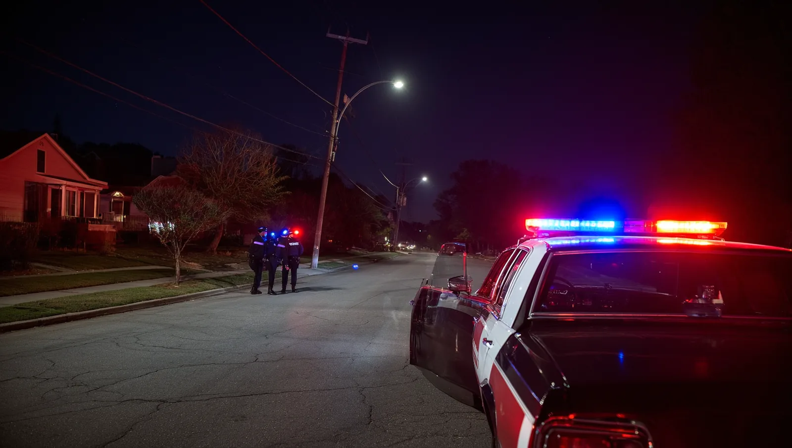 Police cruiser lights illuminating a quiet suburban street at night as officers arrive on scene.