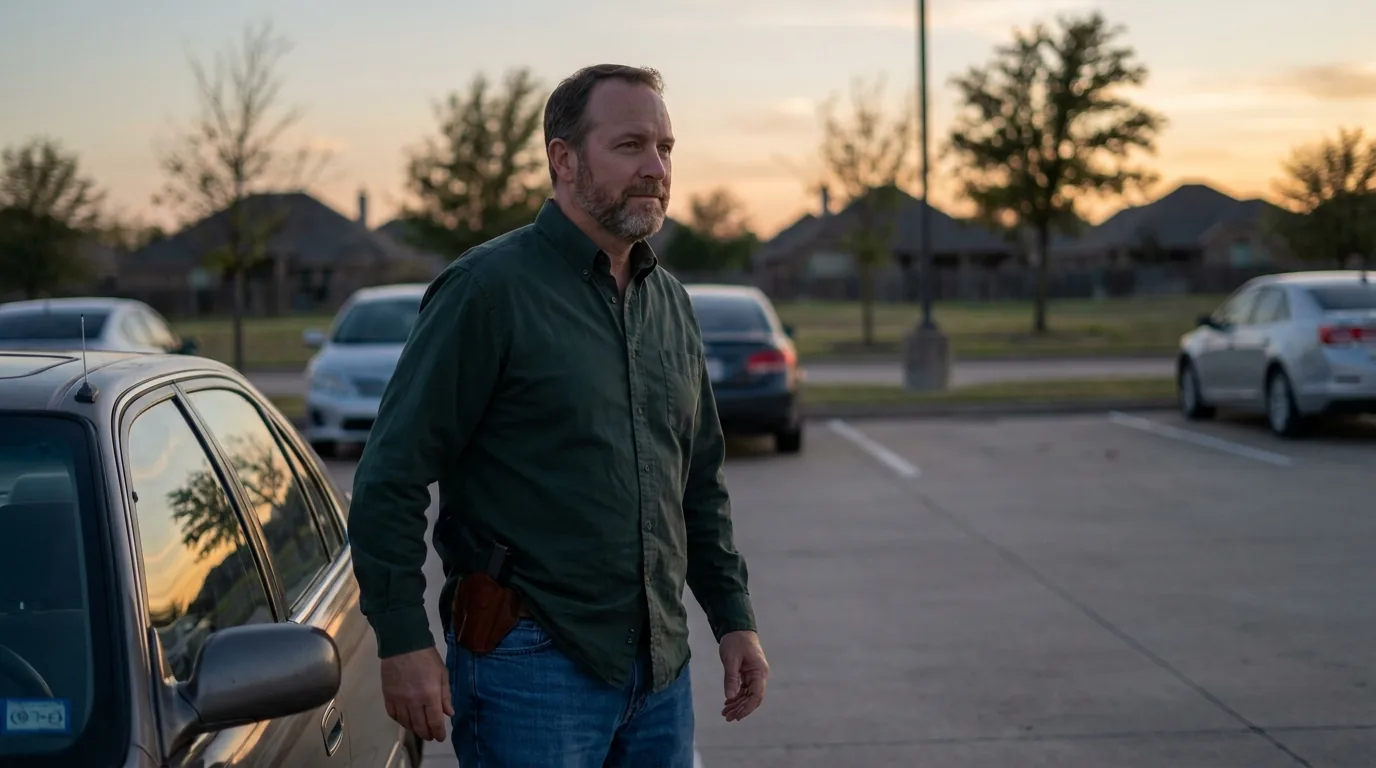 Concealed carry permit holder standing in a parking lot at dusk, scanning the surroundings with one hand near a holstered pistol.