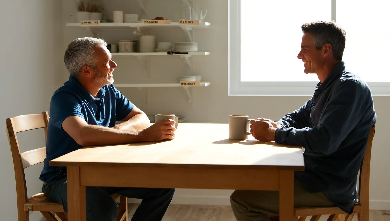 Two men talking over coffee at a kitchen table