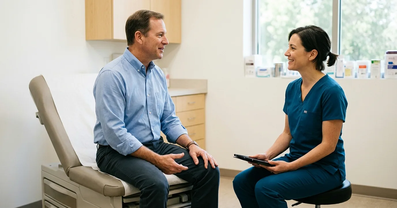 A patient and a clinician talking in an exam room