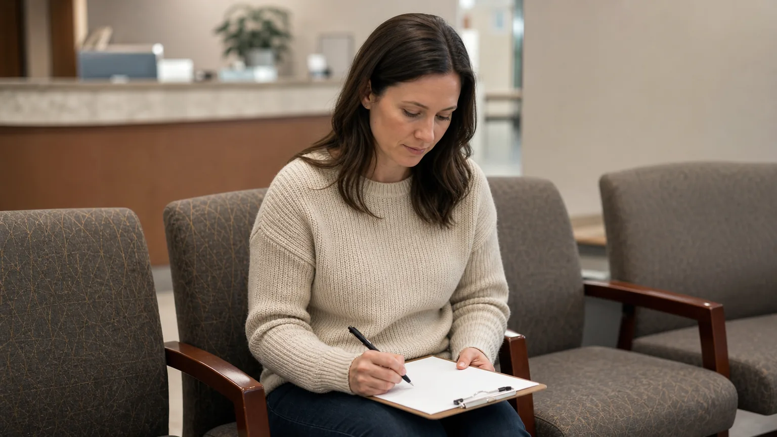 A woman with a clipboard and pen in a clinic waiting area