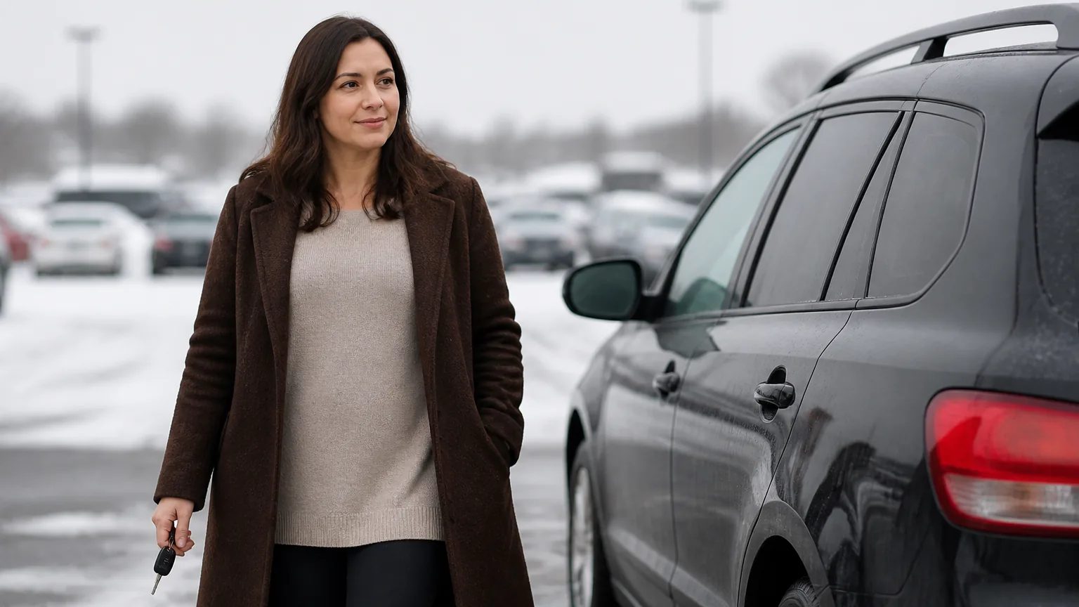 Woman in a long wool coat beside a car in a snowy lot