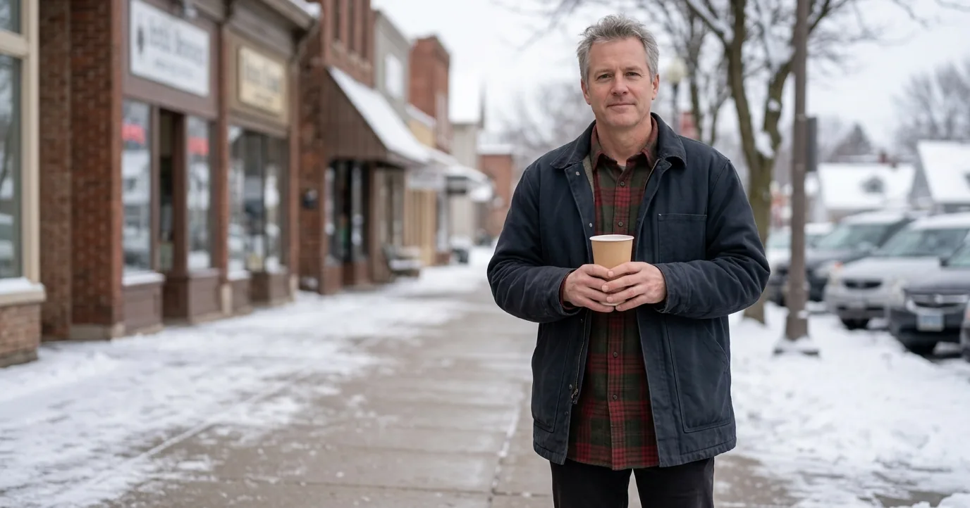 Man in an open flannel overshirt on a snowy sidewalk