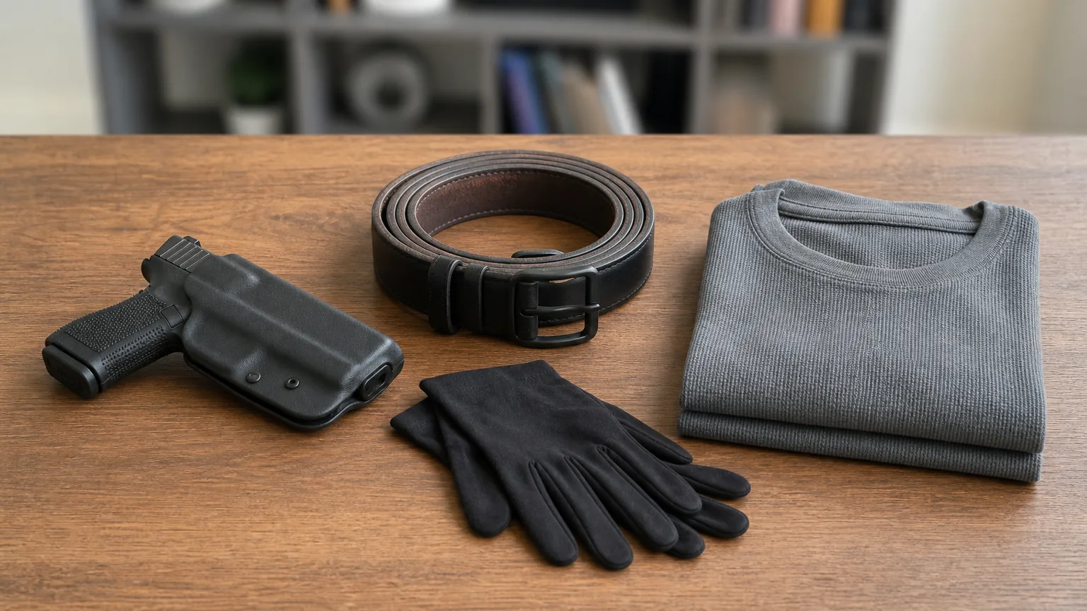 Holstered pistol, gun belt, gloves and a thermal shirt on a table